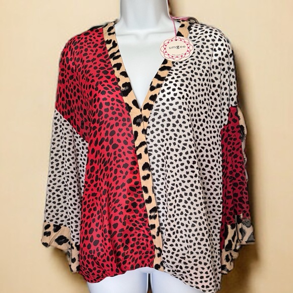 UMGEE ANIMAL PRINT RUFFLED SLEEVE SURPLICE TOP. LIGHTWEIGHT SHEER, HIGH LOW HEM - Picture 3 of 12